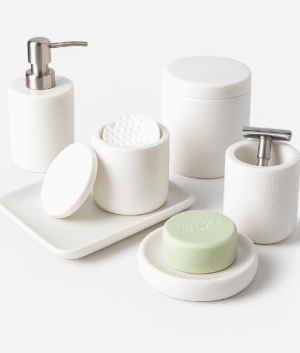 White Marble Bathroom Accessories Set With Tray (5+1)