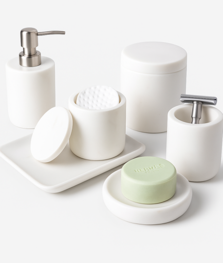 White Marble Bathroom Accessories Set With Tray (5+1)